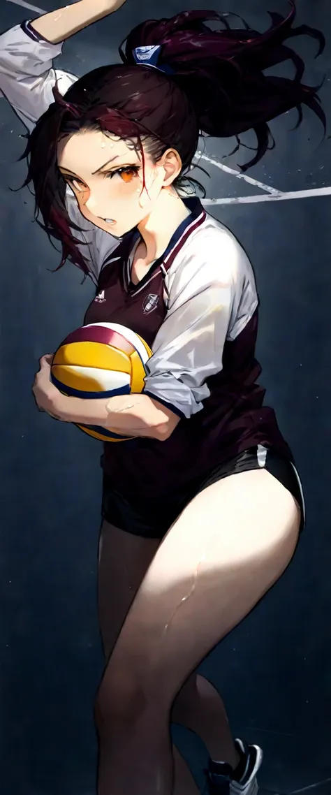 ((best quality)), ((masterpiece)), (detailed), 1girl with tan orange skin and maroon ponytail hair, wet shirt, varsity volleybal...