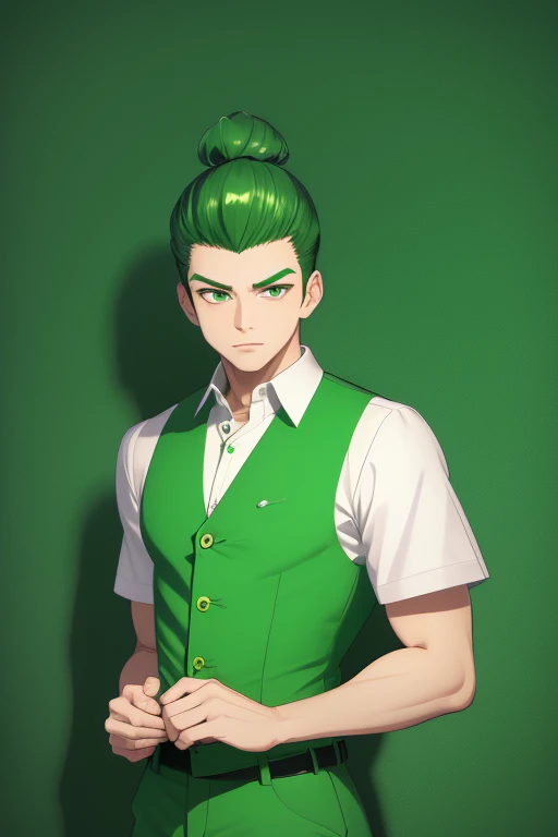 Handsome Japanese boy, green hair, Pompadour hairstyle, slim build, green eyes, short sleeve vest, neo green shirt with slime print, green jeans, neon green background