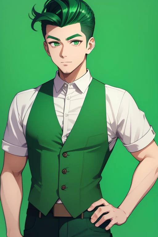 Handsome Japanese boy, green hair, Pompadour hairstyle, slim build, green eyes, short sleeve vest, neo green shirt with slime print, green jeans, neon green background