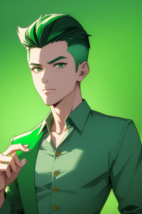 Handsome Japanese boy, green hair, Pompadour hairstyle, slim build, green eyes, short sleeve vest, neo green shirt with slime print, green jeans, neon green background