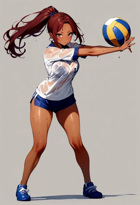 ((best quality)), ((masterpiece)), (detailed), 1girl with tan orange skin and maroon ponytail hair, sweaty wet shirt, varsity volleyball player, blank gray background, standing attack pose, holding volleyball, full body, wearing rubber shoes