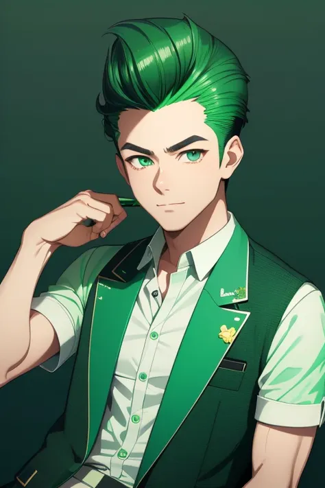 Handsome Japanese boy, green hair, Pompadour hairstyle, slim build, green eyes, short sleeve vest, neo green shirt with slime print, green jeans, neon green background