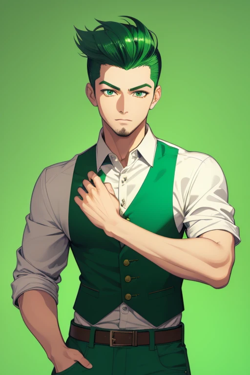 Handsome Japanese boy, green hair, Pompadour hairstyle, slim build, green eyes, short sleeve vest, neo green shirt with slime print, green jeans, neon green background