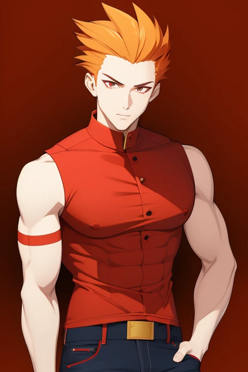 handsome boy fire hair pointed cut yellow complexion slim build strong red eyes yellow sleeveless vest red sleeveless shirt with fire print red jeans orange background