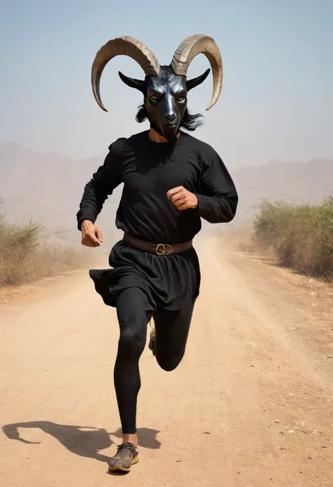 man wearing black goat head black mask grandfather of black hair goat goat and black atreus head mythical human running