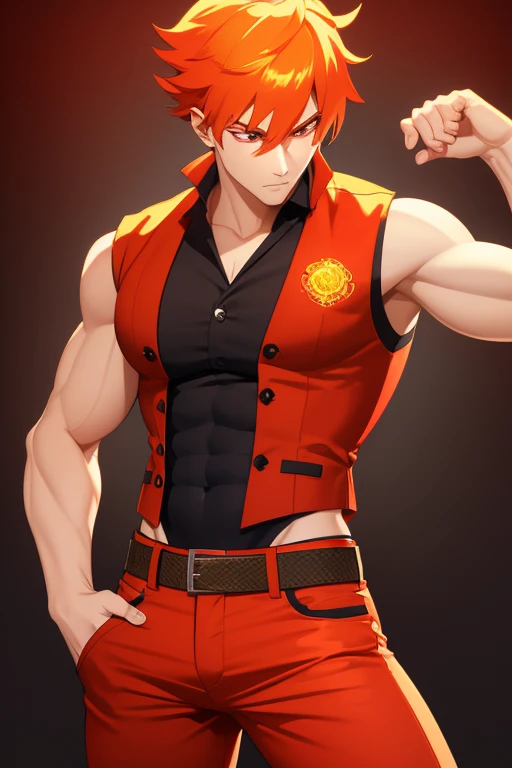 handsome boy fire hair pointed cut yellow complexion slim build strong red eyes yellow sleeveless vest red sleeveless shirt with fire print red jeans orange background