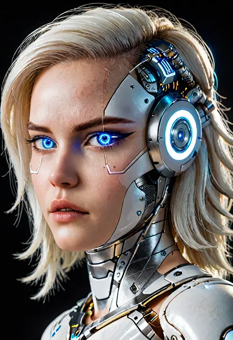 hyperrealistic art zavy-cbrpnk, white woman cyborg mixed, blue illuminated eyes, white hair. panel . extremely high resolution d...