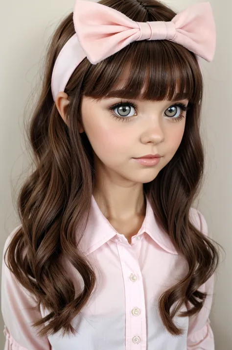 Blythe doll Brown hair Cat eyes with eyeliner Bangs A pink headband And a white blouse