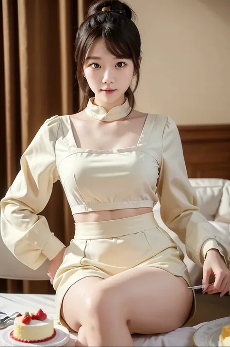 Pastry Chef、Long sleeve、(Highest quality)、((Very detailed))、4K、(8K)、masterpiece、Very detailedな、Highest quality、Super Resolution、1 person、Kind Face、Soft Light、RAW quality、Soft Skin、163cm、Cake Shop、Cheesecake、Waist、Cut cake、Thighs