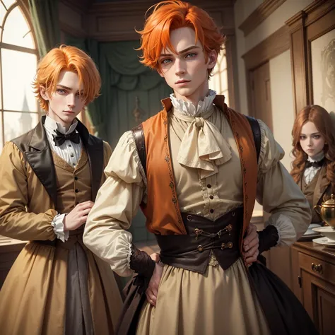 Fantasy prince orange hair and victorian beige clothes green eyes, dark colors 