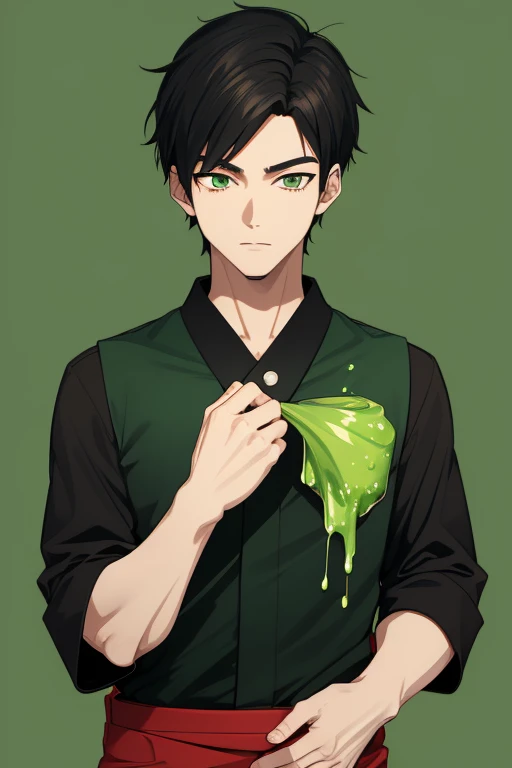 Handsome Japanese boy, black hair, faded cut, slim build, strong green eyes, short-sleeved vest, neo green shirt with slime print, red green jeans, green background