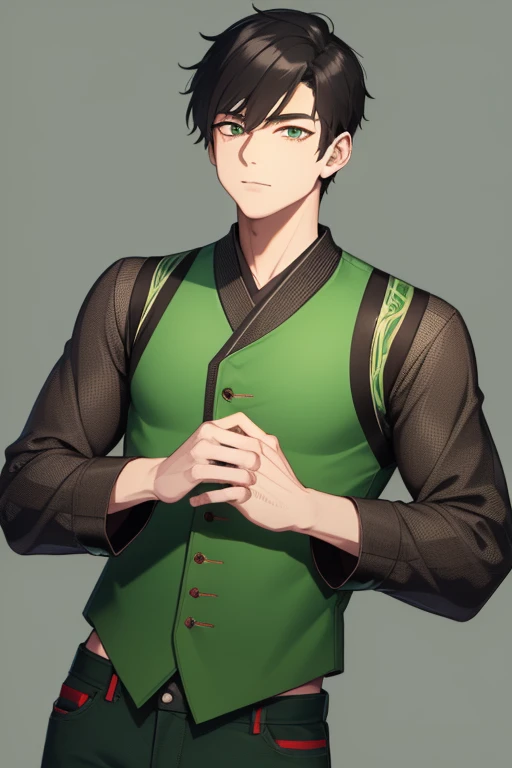 Handsome Japanese boy, black hair, faded cut, slim build, strong green eyes, short-sleeved vest, neo green shirt with slime print, red green jeans, green background