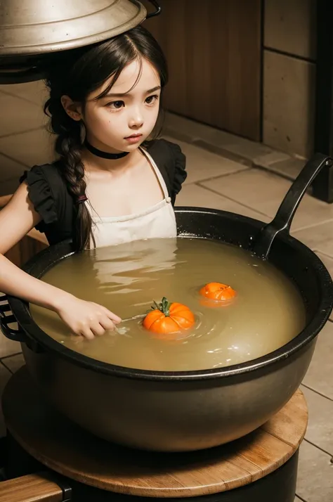 Girl being cooked in a cauldron full of soup 