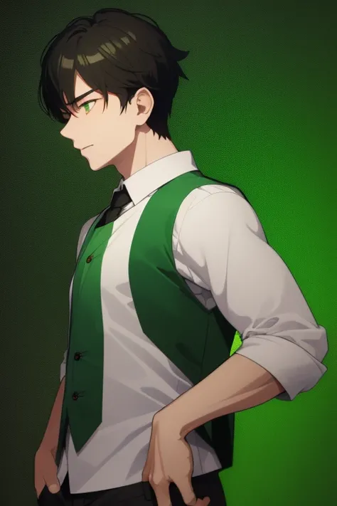 Handsome Japanese boy, black hair, faded cut, slim build, strong green eyes, short-sleeved vest, neo green shirt with slime print, red green jeans, green background