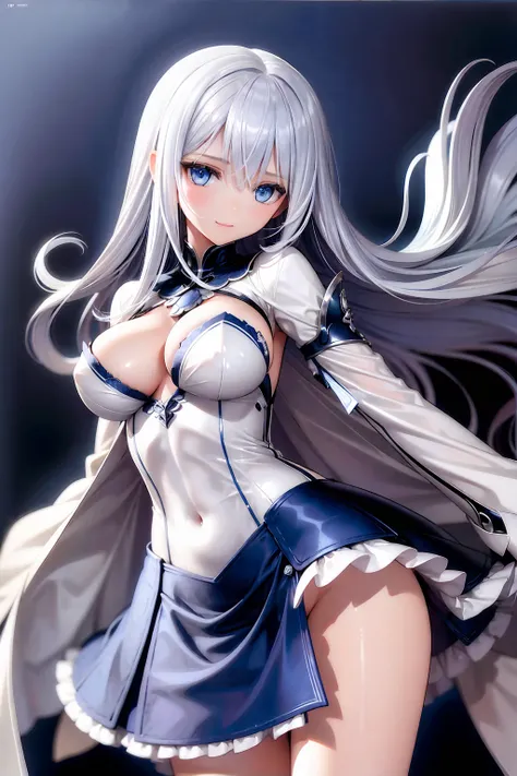 (((1 girl))), ((detailed blue eyes)), ((long silver hair)), large breasts, curvy hips, perfectly drawn body, seductive smile, white dress adorned with blue roses, best quality, masterpiece, ultra-detailed