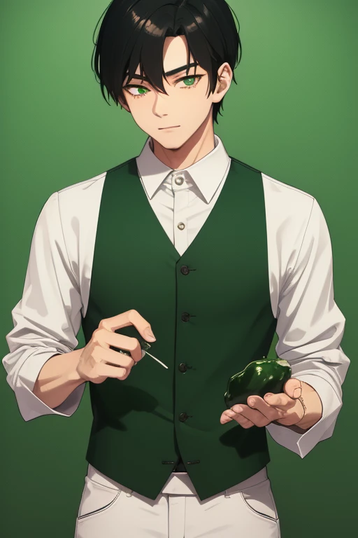 Handsome Japanese boy, black hair, faded cut, slim build, strong green eyes, short-sleeved vest, neo green shirt with slime print, red green jeans, green background