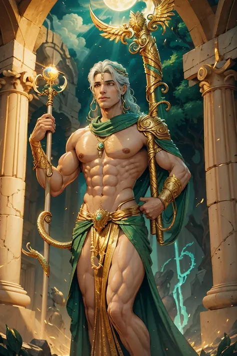 A photorealistic depiction of Himeros, the Greek god of sexual desire, holding the staff of Asclepius. Himeros is a youthful, handsome figure with an athletic build, sun-kissed skin, and flowing, curly hair cascading to his shoulders. His sharp, symmetrica...