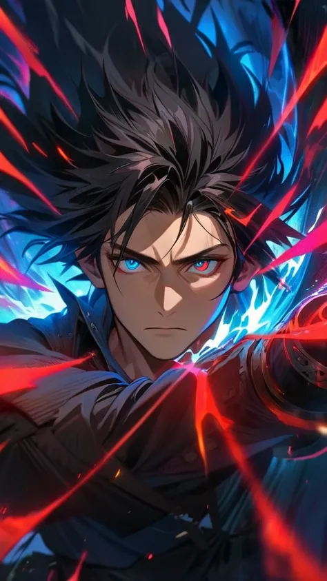 Symetrical,absurdres, highres, ultra detailed, HDR, masterpiece, extremely detailed face and eyes, Vincent,final fantasy 7,long black hair , , solo, man, handsome, ,, , Epic fight scene,red  lightning effect, glowing glitters, , black flames effect, red au...