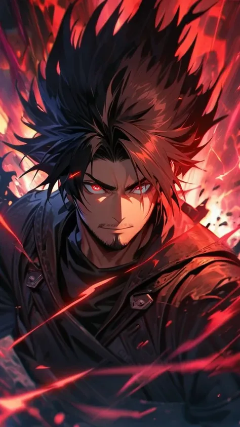 Symetrical,absurdres, highres, ultra detailed, HDR, masterpiece, extremely detailed face and eyes, Vincent,final fantasy 7,long black hair , , solo, man, handsome, ,, , Epic fight scene,red  lightning effect, glowing glitters, , black flames effect, red au...