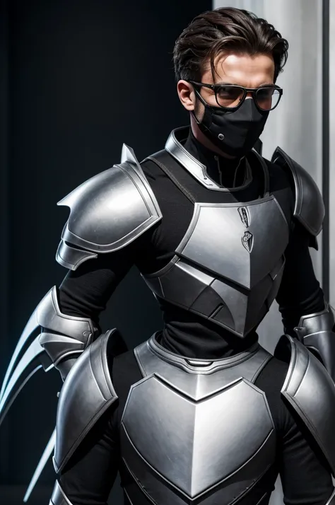 Style LoL, 1garçon, armure, cheveux noir, des lunettes de protection, des ailes, blanche, foyer masculin, planète, power armure, sourire, ESPACE, arme, LimitBreakStyler, Fntsy4k, 