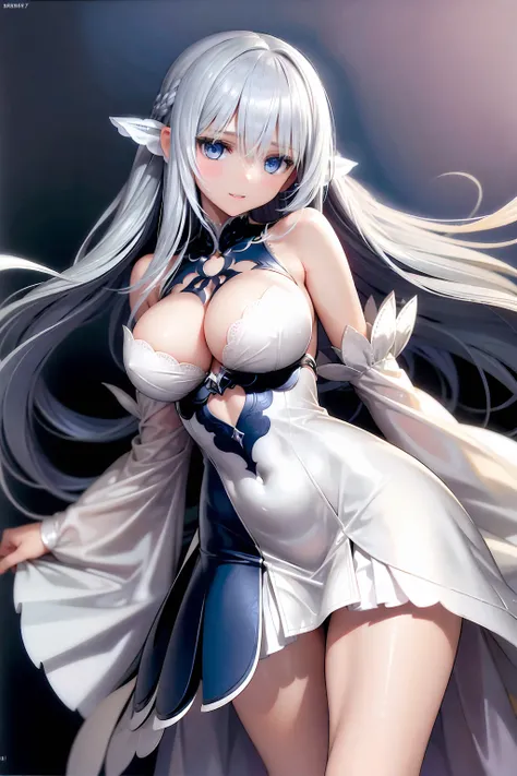 (((1 girl))), ((detailed blue eyes)), ((long silver hair)), large breasts, curvy hips, perfectly drawn body, seductive smile, white dress, adorned with blue roses, best quality, masterpiece, ultra-detailed