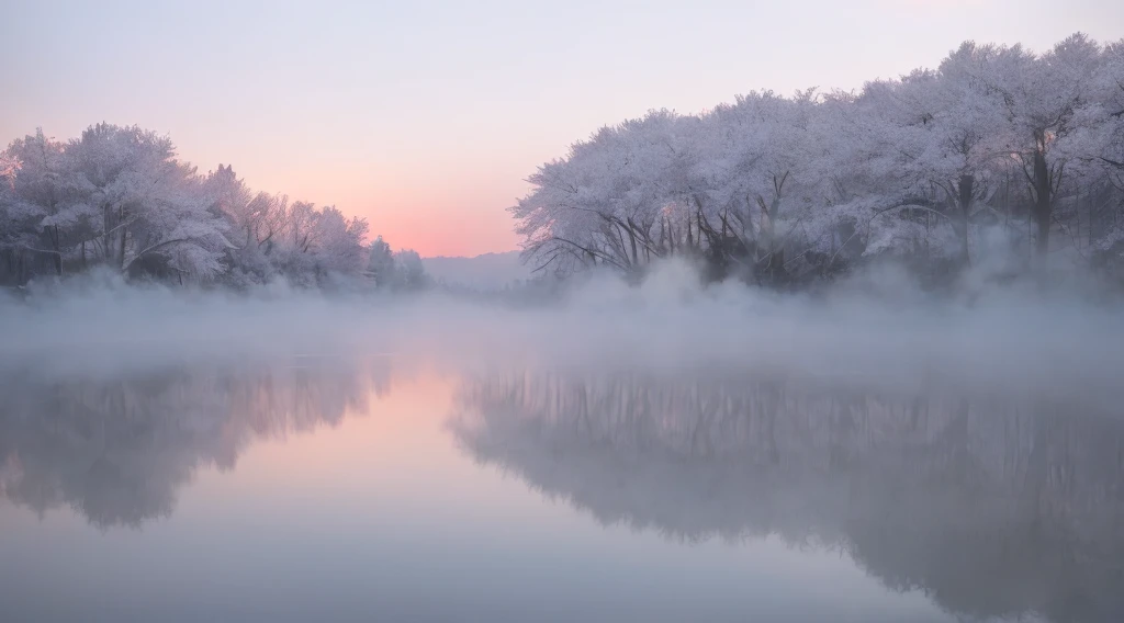 masterpiece of materpieces, PHOTOREALITIC, DENSE MIST. Smokey skies cast eerie light in the Anthropocene on a lake surrounded by cherry blossom trees, rocks on lake, snow falling, pink rose mini flowers covered in snow in enchanted forest, heavy mist and f...