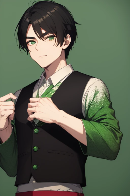 Handsome Japanese boy, black hair, faded cut, slim build, strong green eyes, short-sleeved vest, neo green shirt with slime print, red green jeans, green background