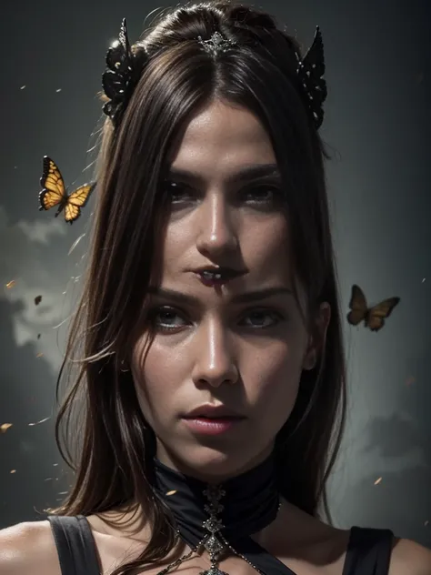 ((masterpiece)),((best quality)),8k, high detailed, ultra-detailed, Stylish Pose, real skin texture, dark cinematic lighting, portrait of a goddess, swarm of butterflies, 16th century duchess, gothic style