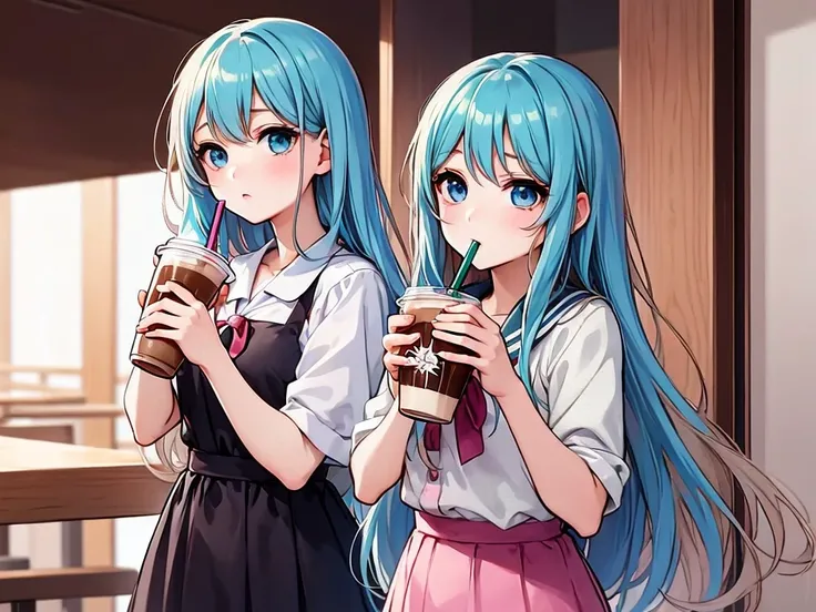 Anime Girls drinking starbucks coffee with a straw in her hand, Light blue long hair、ツインテールのAnime Girls cute Anime Girls, Beautiful anime school girl, (Anime Girls), Cute girl anime visuals, Mysterious Coffee Shop Girl, young Anime Girls, Beautiful anime a...