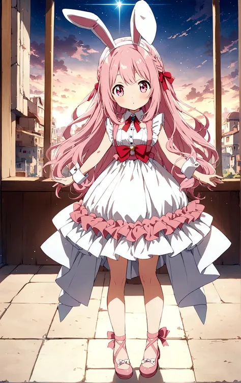 Fullbody Anime girl with bunny ears pink hair pink eyes