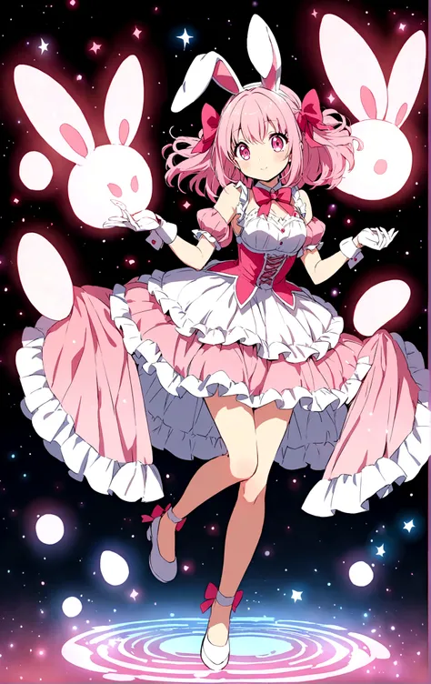 Fullbody Anime girl with bunny ears pink hair pink eyes