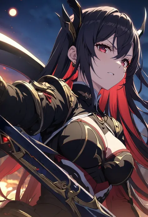 ((Alone)), (Women), cherry red eyes, raven black hair, very long and messy hair, Vibrant red inner hair., (sculpted body), medium-large breasts, Thick, mature body, a closeup of a person with a scythe in a desolate land, detailed anime key art, acheron, ca...