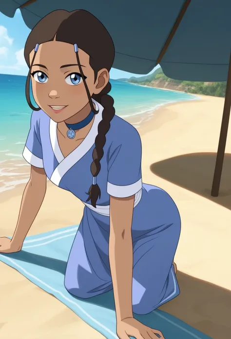 score_9_up, score_8_up, score_7_up, 1girl, solo, mature female, ((katara)), latin skin color, brown braided hair, blue eyes, pin...