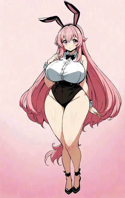 Curvy big breasts Fullbody Anime girl with bunny ears pink hair pink eyes
