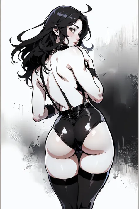 Anime, Best quality, Funny , 8 thousand., stockings with suspenders, woman, Medium breasts, drawing of a woman in black and white lingerie, Thick black line, high resolution commission, back and white, Толстый line drawing, with backlight, cute sexy butts,...