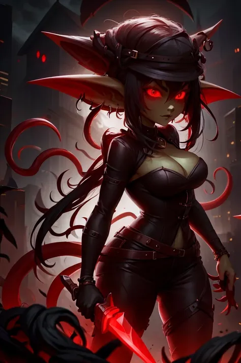 goblin mafia woman, black and red clothes, with a knife in his hands