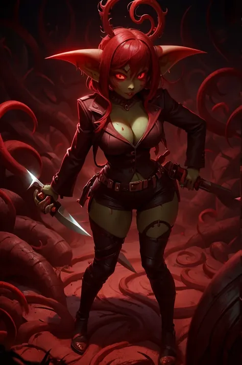 goblin mafia woman, black and red clothes, with a knife in his hands