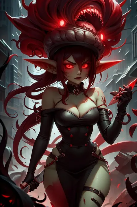 goblin mafia woman, black and red clothes, with a knife in his hands