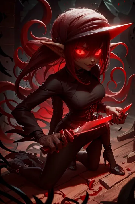 goblin mafia woman, black and red clothes, with a knife in his hands