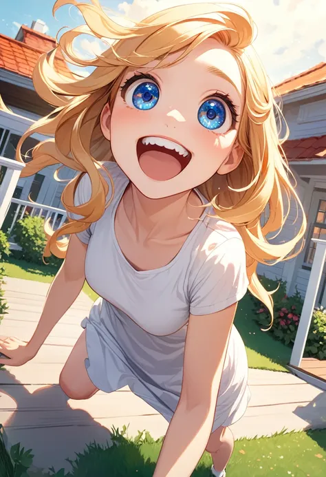 detailed illustration ,dynamic angle, ultra-detailed, detailed eyes, detailed face, 1girl, wife, long blonde hair, bright blue eyes, detailed eyes, happy, standing on porch, outside, house, lawn, grinning, delighted