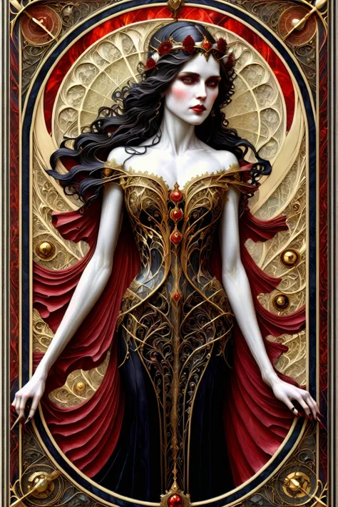 a beautiful illustration of a very muscular vampire girl in an abstract marble texture with a tarot style frame, with colors of obsidian black, shiny gold, and ruby red, highly detailed, intricate design, BY Anne Bachelier,