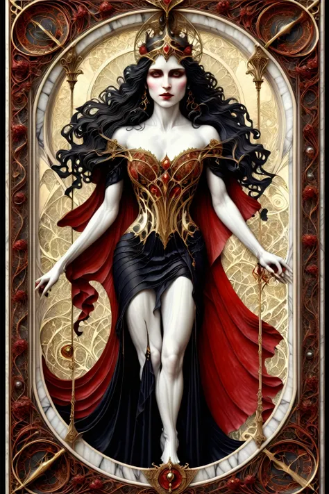 a beautiful illustration of a very muscular vampire girl in an abstract marble texture with a tarot style frame, with colors of obsidian black, shiny gold, and ruby red, highly detailed, intricate design, BY Anne Bachelier,