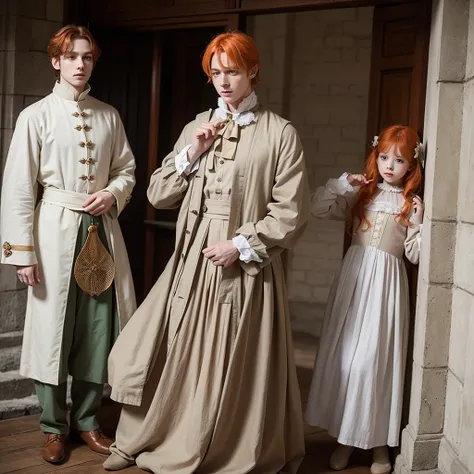 One fantasy prince orange hair and victorian beige clothes green eyes delicate scottish 