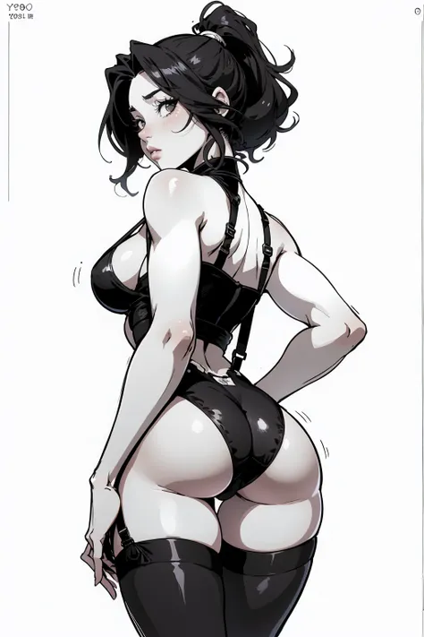 Anime, Best quality, Funny , 8 thousand., stockings with suspenders, woman, Medium breasts, drawing of a woman in black and white lingerie, Thick black line, high resolution commission, back and white, Толстый line drawing, with backlight, cute sexy butts,...