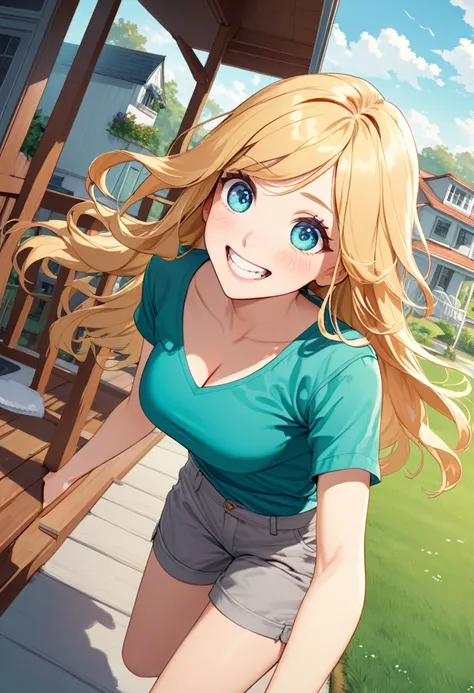 detailed illustration ,dynamic angle, ultra-detailed, detailed eyes, detailed face, 1girl, wife, long blonde hair, bright blue eyes, detailed eyes, happy, standing on porch, outside, house, lawn, grinning, delighted, turquoise green shirt, cleavage, grey s...