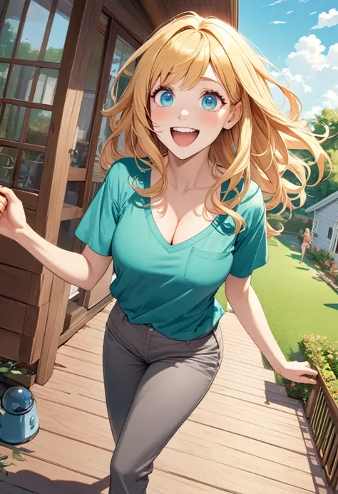 detailed illustration ,dynamic angle, ultra-detailed, detailed eyes, detailed face, 1girl, wife, long blonde hair, bright blue eyes, detailed eyes, happy, standing on porch, outside, house, lawn, grinning, delighted, turquoise green shirt, cleavage, grey s...