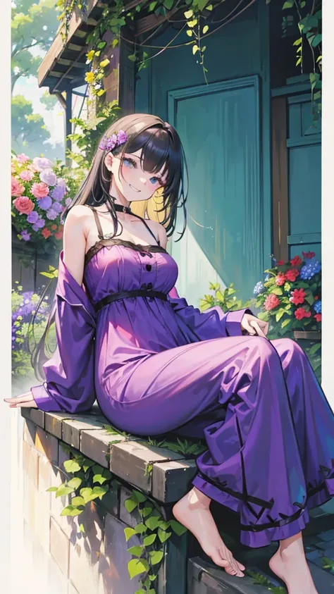 a one woman, With a malicious smile, wearing a pajama outfit, wearing a neckline, breasts big, big-ass, sitting, on a small wall, (background of a garden with flowers), character chart, column lineup, first-person view, high quality, HD, best quality.