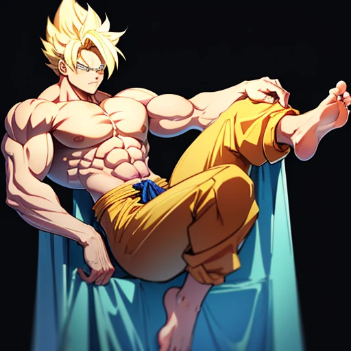 A detailed anime-style drawing of Son Goku as a Super Saiyan. blond hair, Big muscles, Bodybuilder body, Bare torso, barefoot, sole of the foot, Toes. tense biceps, g-string, Bodybuilding competition, muscle pose 