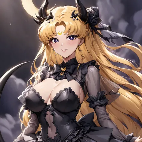 ((Highest quality)), ((masterpiece)), (detailed), （Perfect Face）、The woman is the bride of the Demon King, the Dark Queen of the Black Moon of the Black Moon Clan, the Demon Queen Black Serenity, and the woman is the jet-black, sexy demon princess Serenity...