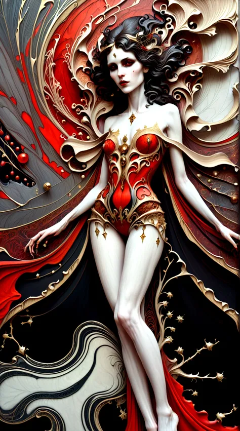 a beautiful illustration of a vampire woman made from an abstract marble texture, with colors of black, red and gold, highly detailed, intricate design, marble material, BY Anne Bachelier,